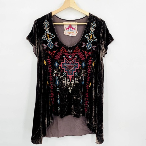 Johnny Was Tops - Johnny Was XS Crushed Velvet Embroidered Boho Top
